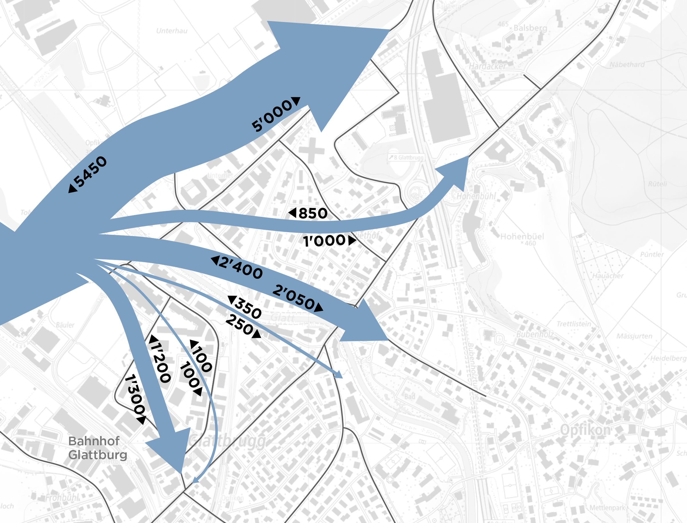 Verkehrsverteilung des Durchgangsverkehrs via Birchstrasse (Fahrzeuge/Tag)