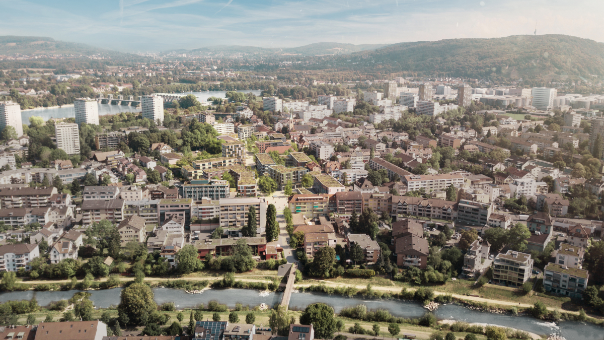 Visualisierung: Vogelperspektive auf das Neue Zentrum Birsfelden, Stand Oktober 2021