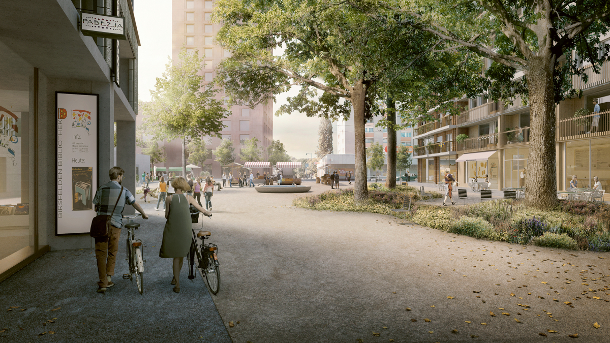 Visualisierung: Blick auf den Zentrumsplatz Richtung Süden, Neues Zentrum Birsfelden, Stand Oktober 2021