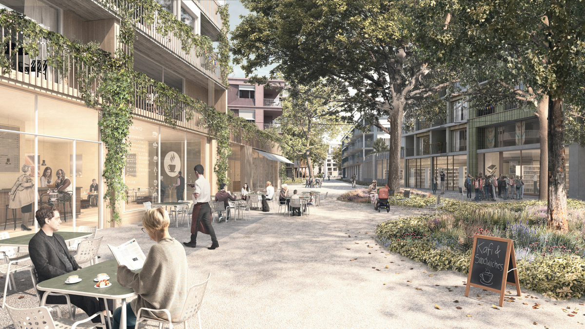 Visualization: Blick in die Hauptachse «In der Gasse», Neues Zentrum Birsfelden, Stand Oktober 2021