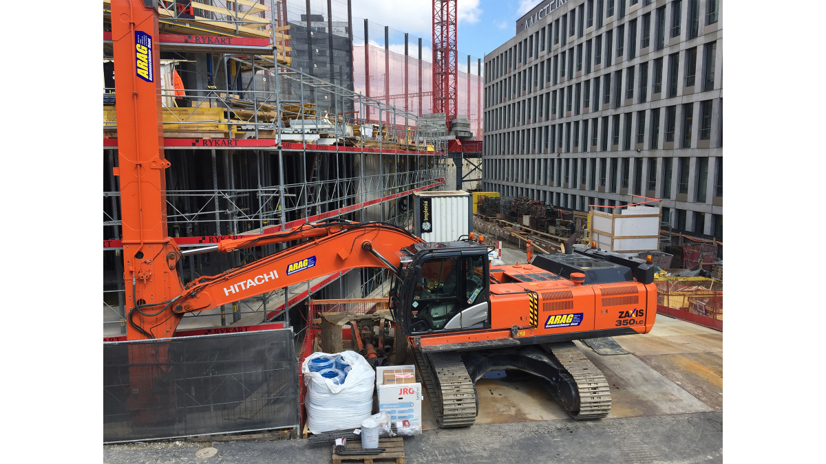 Owing to the severe space limitations, a rare Hitachi telescopic arm excavator known as the Chameleon is deployed to remove excavated material.