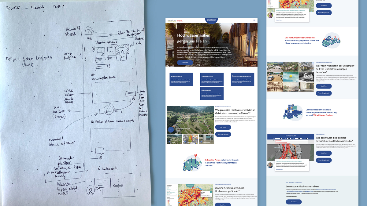 Landingpage «Hochwasserrisiko.ch»: Skizze und finale Ansicht