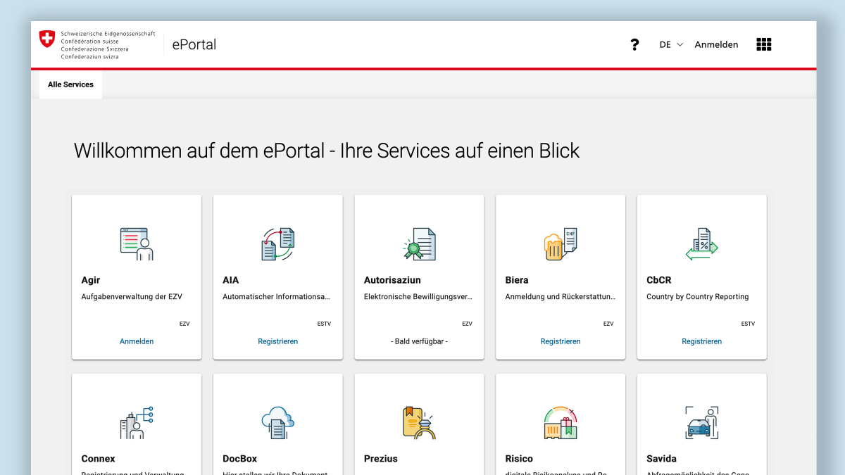 ePortal landing page with a range of business applications that are each designated by product icons