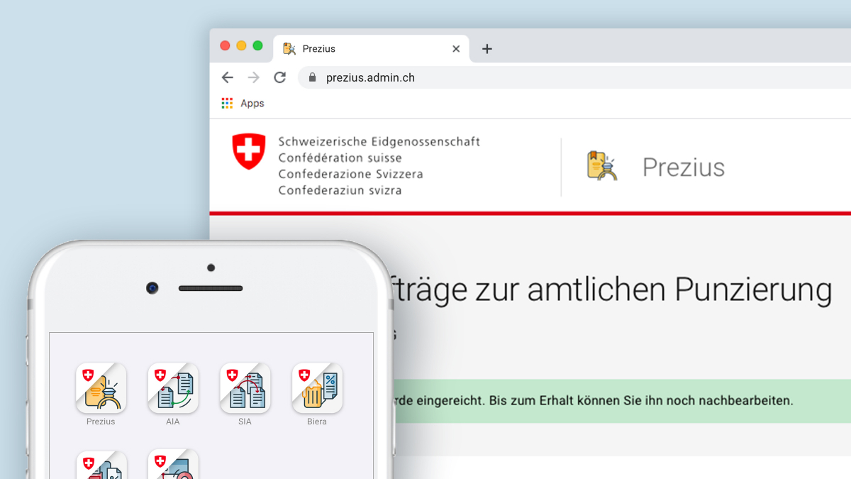 Anwendung des Product Icons “Prezius”: Favicon im Browsertab, Product Icon im Header und als App Icon