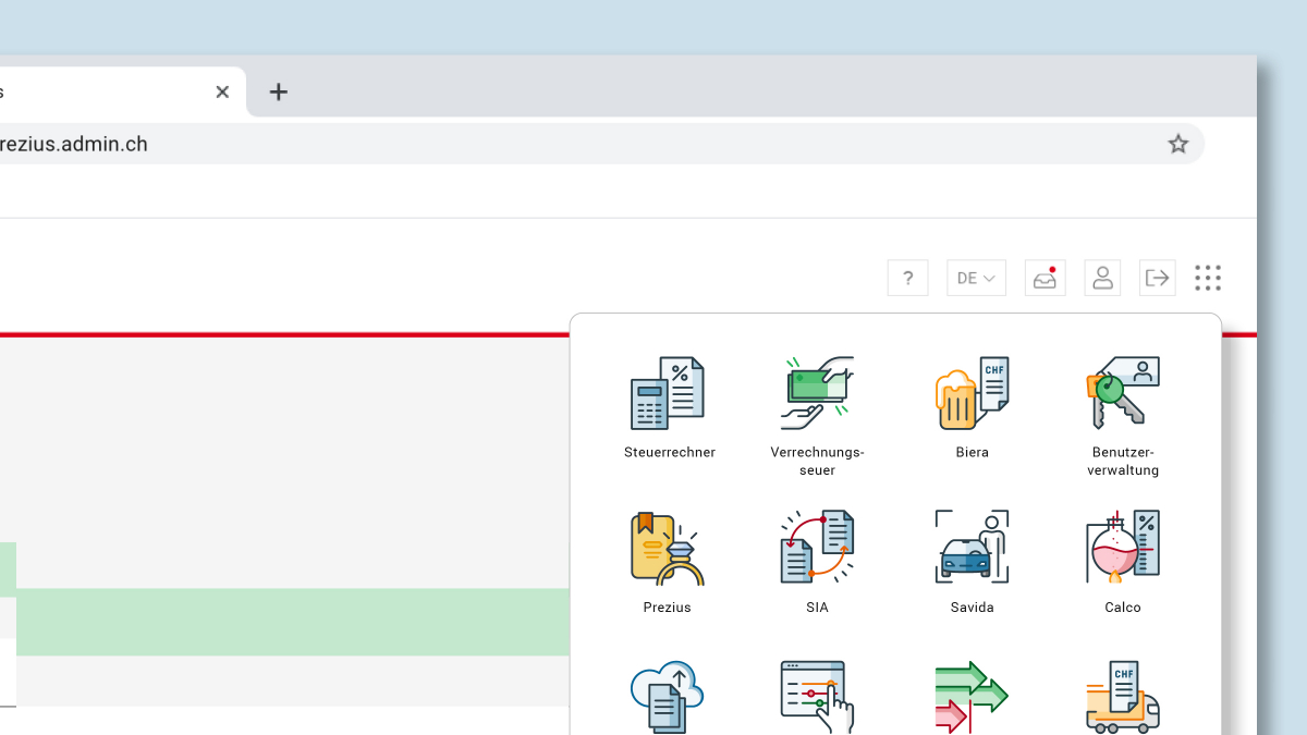 Anwendung Product Icons: Zugang zu den verschiedenen Fachanwendungen des Bundes über ein Widget im Header