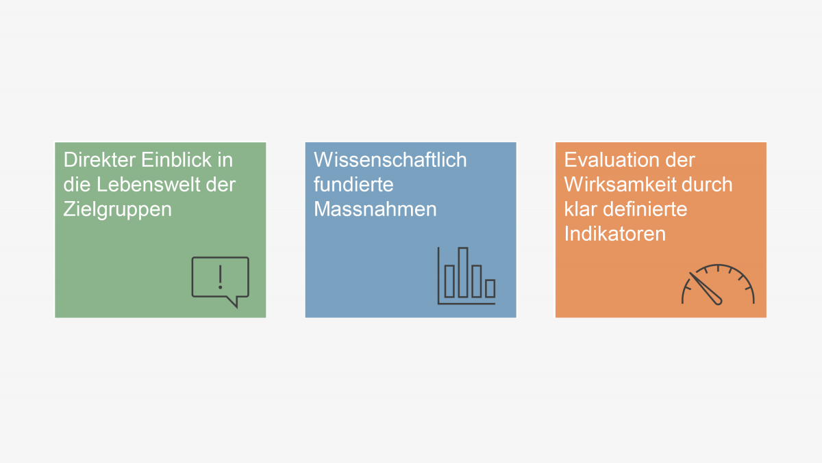 Vorteil 1: Direkter Einblick in die Lebenswelt, Vorteil 2: Wissenschaftlich fundierte Massnahme, Vorteil 3: Klar definierte Indikatoren evaluieren die Wirksamkeit