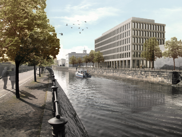 Located on the Spandau Ship Canal, next to Berlin’s main railway station and across from the Department of Commerce, the new building offers the unique advantage of being in the heart of the city and nonetheless surrounded by green.